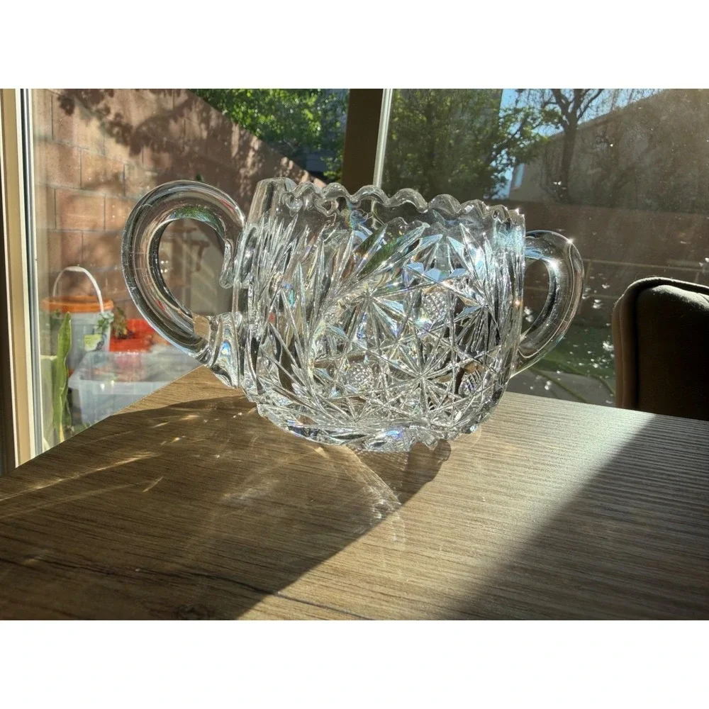 Vintage American Brilliant Style Cut Crystal Creamer Sugar Bowl & Spooner Set